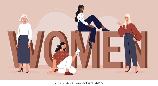 Strong women concept. Feminism and womens solidarity. Talented and hardworking entrepreneurs or businesswomen. Gift card design for March 8, international womens day. Cartoon flat vector illustration