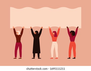 Strong women different nationalities and cultures stand together and pick up blank poster. Vector concept of the female's empowerment movement and Environment conservation