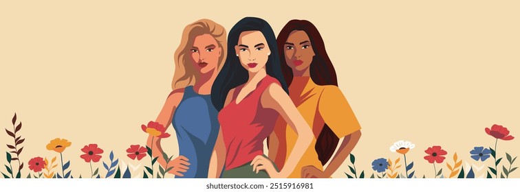 Strong women of different skin colors and ethnicities stand together among flowers. Postcard with space for text with women's day. Movements for gender equality and women's empowerment.