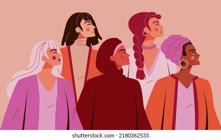 Strong women empowerment. Multiethnic women, equal support group, international gender power. Girls portrait. Sisterhood and feminism. Cartoon flat illustration. Vector silhouettes
