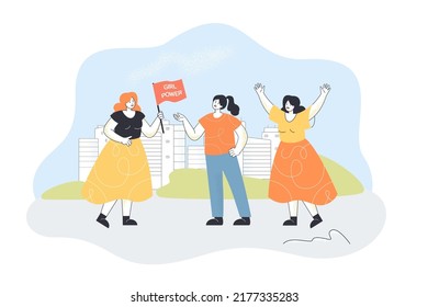 Strong women marching with girl power flag. Group of young female characters on protest parade flat vector illustration. Feminism, fight concept for banner, website design or landing web page