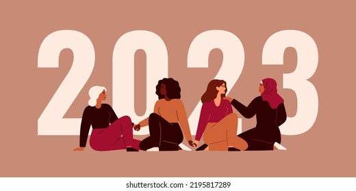 Strong women sit together near 2023 and hold hands. Happy new year banner with girls of different nationalities and cultures. Concept of unity and female empowerment movement. Vector illustration