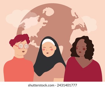 Strong women support each other with love. Confident females of different races and religions standing together. Illustration of women's day, mother's day and women empowerment. Concept of feminism