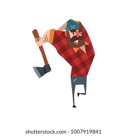 Strong woodcutter swinging an ax. Bearded lumberjack. Cartoon man character in red plaid shirt blue jeans and hat. Forest worker. Colorful flat vector design