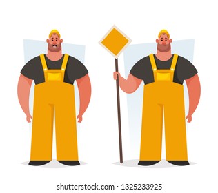 Strong Worker: Builder. Cartoon Style. Vector Illustration