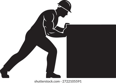Strong worker in hard hat pushing a heavy box or block, showcasing effort, strength, and manual labor in a clear silhouette vector illustration