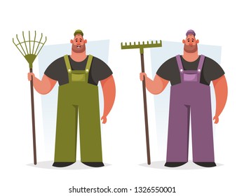 Strong Worker with Rake. Cartoon Style. Vector Illustration