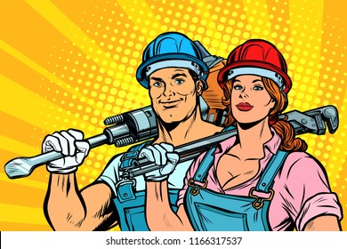 Strong Workers, Man And Woman. Labor Day. Equality. Pop Art Retro Vector Illustration Vintage Kitsch