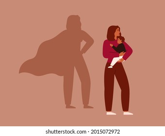 Strong working woman holds her child on the background female's shadow in the cape as a superhero. Maternity and career concept. Vector illustration