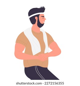 Strong workout man. Fitness trainer, gym bodybuilding program vector illustration
