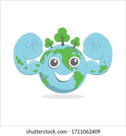 strong world vector illustration with globe showing muscle, good for environment or nature concept, flat design style