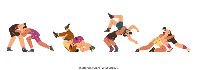 Strong wrestlers men fighting in sportwear vector set of various receptions. Cartoon Greco roman wrestling, martial art, sportsmanship battle. Sport game competition struggle duel isolated on white