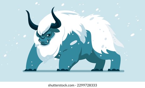 Strong yeti animal with huge body, monster character design set, angry ice beast with furry body walks in blizzard, flat character vector illustration