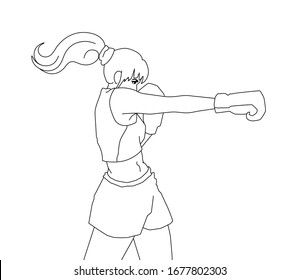 Strong young adult woman boxer throws a jab punch. Pretty girl with a ponytail hairstyle wears shorts and a top. Vector outline illustration isolated on a white background.