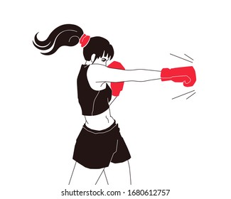 Strong young adult woman boxer throw a jab punch. Pretty girl with a ponytail hairstyle wears shorts and a top. Vector illustration isolated on a white background.