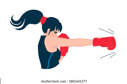 A strong young adult woman boxer throws a jab punch. A pretty box fighter girl with a ponytail hairstyle boxing. A boxer attack side view. 