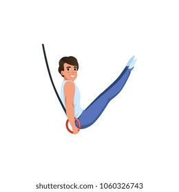 Strong young gymnast doing exercises using flying rings. Cartoon professional athlete. Guy in sportswear. Artistic gymnastics. Flat vector design