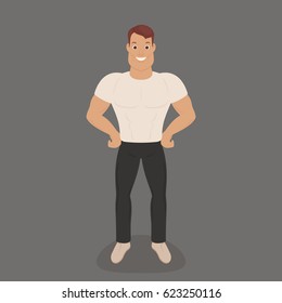 Strong young man staying and showing his muscles. Vector art. 