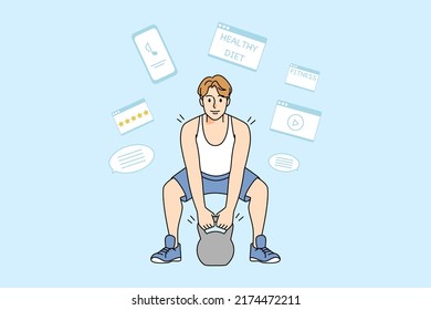 Strong young man training lifting barbell in gym. Toned fit male sportsman exercise with dumbbell. Sport and workout concept. Vector illustration. 