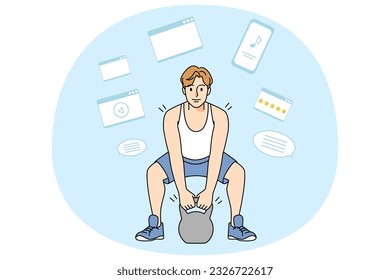 Strong young man training lifting barbell in gym. Toned fit male sportsman exercise with dumbbell. Sport and workout concept. Vector illustration.