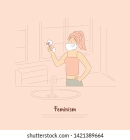 Strong young woman shaving, smiling lady with soap beard holding razor, personal hygiene, body care, feminism banner