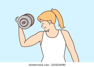 Strong young woman training with dumbbell in gym. Toned sporty female athlete exercising with heavy equipment gaining muscles. Sport and bodybuilding. Vector illustration. 