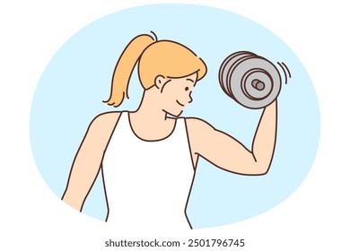 Mujer joven fuerte que entrena con la mancuerna en gimnasio. Atleta deportiva tonificada haciendo ejercicio con equipo pesado ganando músculos. Deporte y culturismo. Ilustración vectorial.