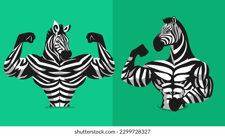 Strong zebra animal showing his muscles, mascot logo, different shapes, character designs set, angry huge zebra with athletic body, flat character vector illustration