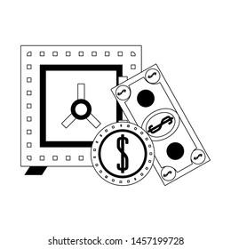 Strongbox with billet and coin isolated in black and white vector illustration