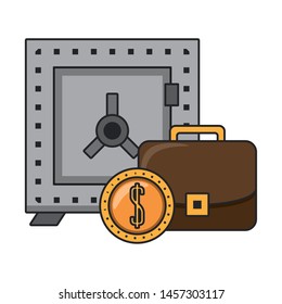Strongbox with briefcase and coin symbols vector illustration
