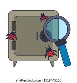 Strongbox with bugs and magnifying glass blue lines
