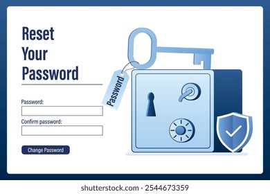 Strongbox with closed door. Reset password landing page. Big key key is on the safe. Account access. Security shield. Webpage template, trendy style vector illistration