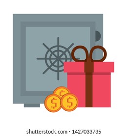 Strongbox with coins and giftbox symbols vector illustration graphic design