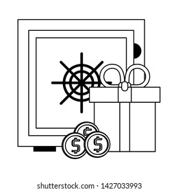 Strongbox with coins and giftbox symbols vector illustration graphic design
