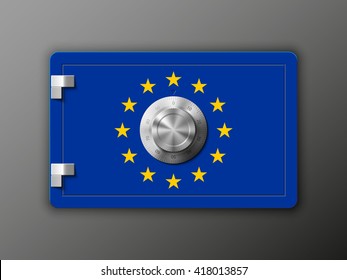 strongbox with Combination Lock isolated with the flag of the European Union. Security sign