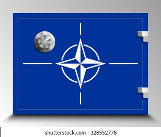 Strongbox with Combination Lock on NATO flag, Security Abstract flat design concept  star. North Atlantic alliance illustration background. A military bloc of Western Europe and USA. Vector collection