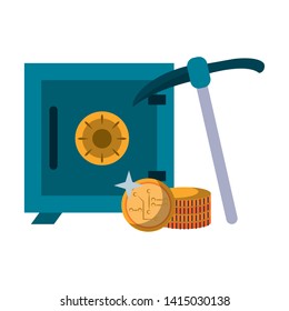 Strongbox and cryptocurrency coins with mining pick vector illustration graphic design