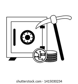 Strongbox and cryptocurrency coins with mining pick vector illustration graphic design