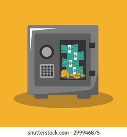 Strongbox with dollar banknotes and coins on orange background