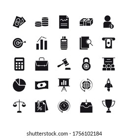 strongbox and economy and finance icon set over white background, silhouette style, vector illustration