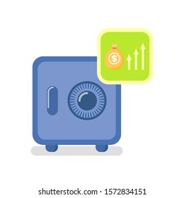 Strongbox with finance assets of clients vector, locked object f steel with money and savings of people, banking and bank services infocharts flat style
