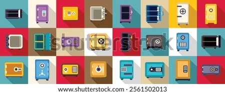 Strongbox gun icons set. Different types of strongboxes, including safes and lockers, ensure secure storage of valuables with varying security features