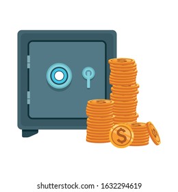 strongbox with money coins stack over white background, vector illustration
