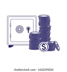 strongbox with money coins stack over white background, flat design, vector illustration