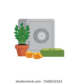 strongbox with plant and money isolated icon vector illustration design