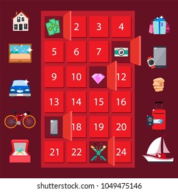 Strongbox and presents, lottery awards, icons of house and picture, car and bicycle, sailboat and money, vector illustration isolated on red