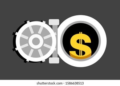 Strongbox, safe and strongroom with US dollar. American money and cash are protected and secured in bank. Vector illustration.