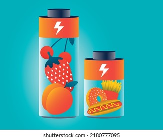 Stronger battery full of healthy food, and weaker battery full of junk food.  Concept of energy from healthy food, energy diet, comparison between junk food and fruit. Vector illustration
