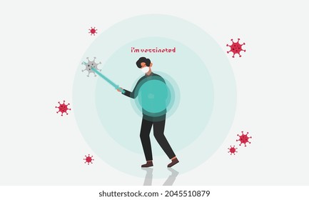 Stronger immunity is formed after being injected with the Coronavirus vaccine. A man against Coronavirus illustrated with hologram sword and shield.