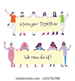 Stronger Together. Feminine concept and woman empowerment design for banners. Group of young fashion women activists standing together and holding blank banner.